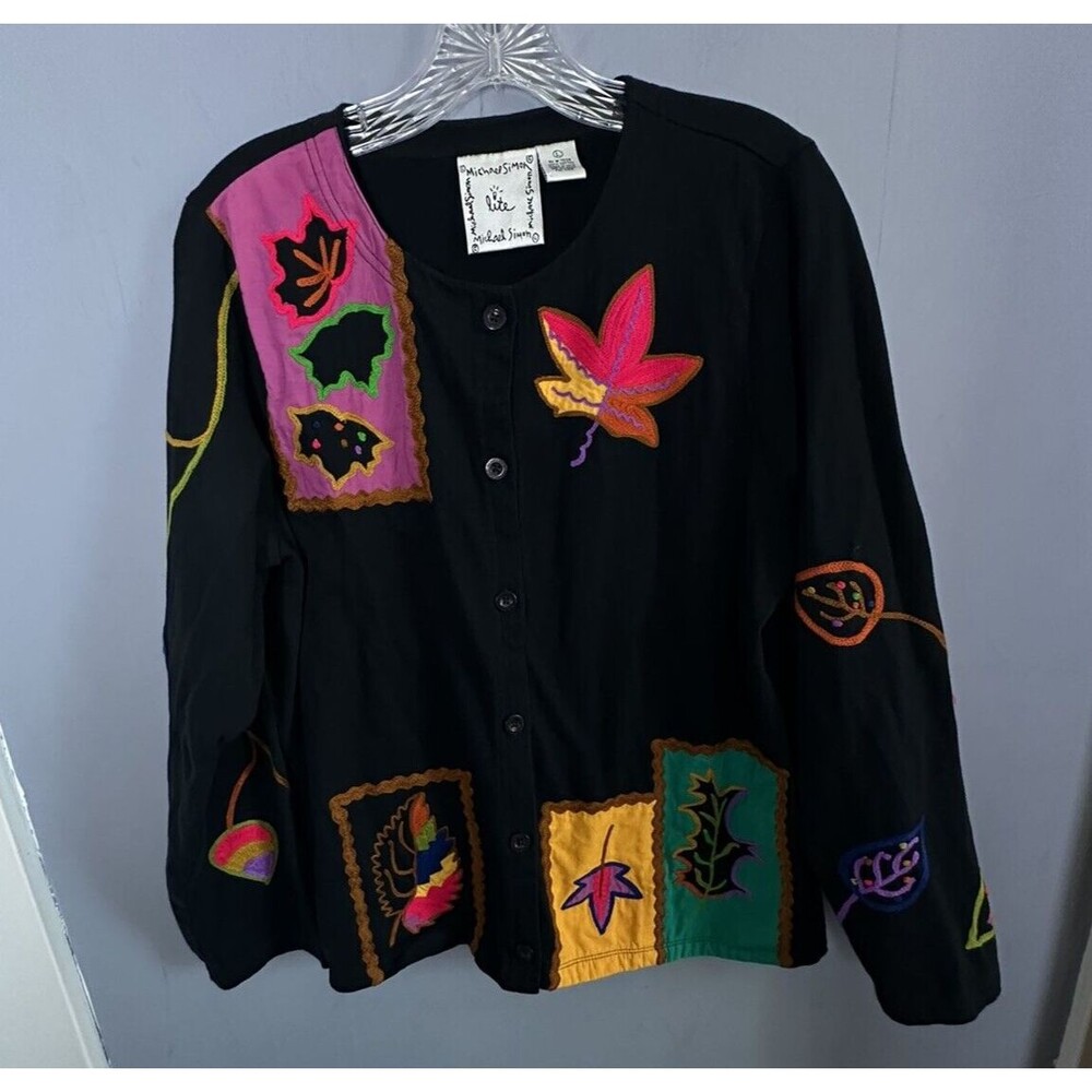 VTG Michael Simon Lite Cardigan Size Large Embroidered Appliqued Fall Festive